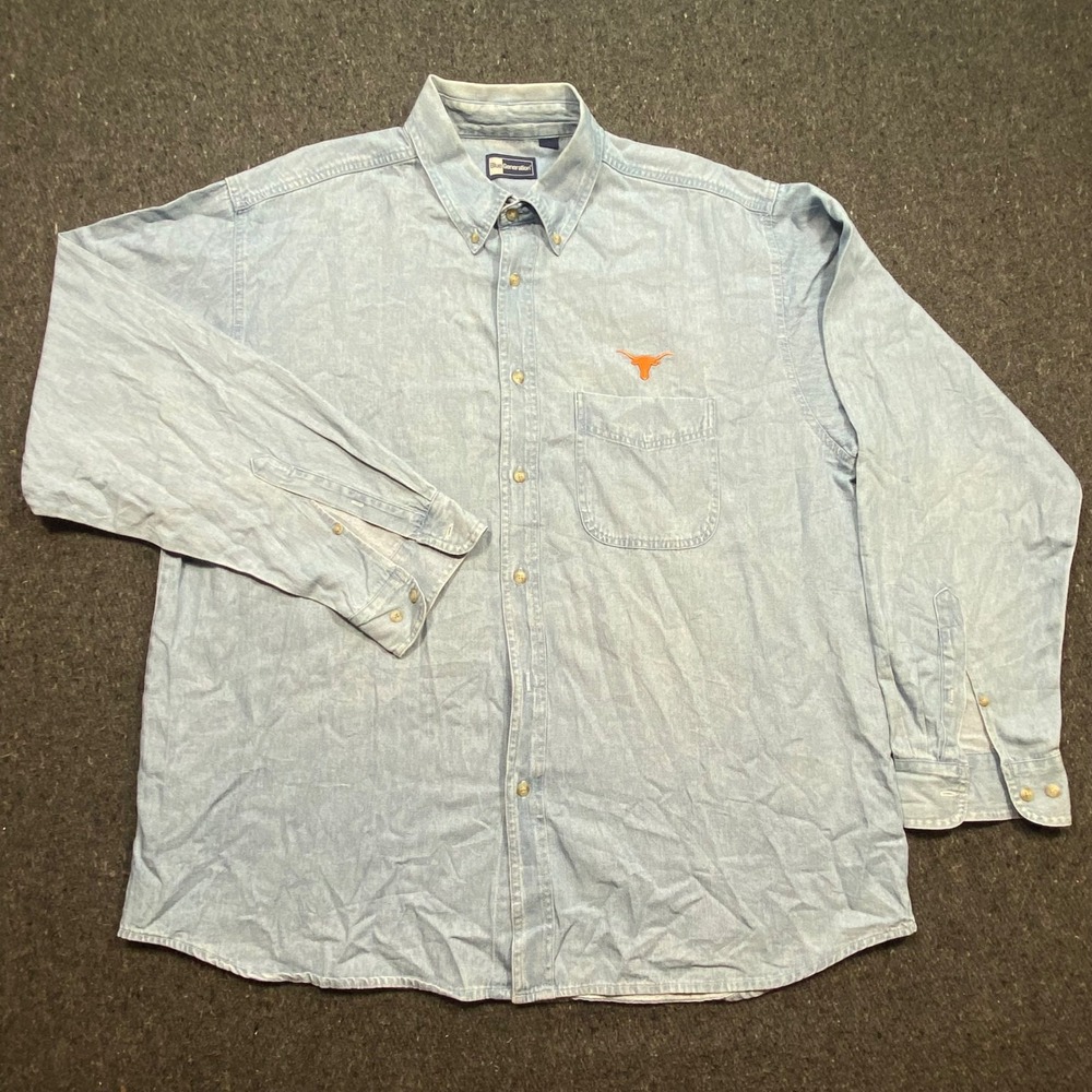 Blue Generation Western Men XL Texas Longhorn Denim Button Down Shirt Light Blue